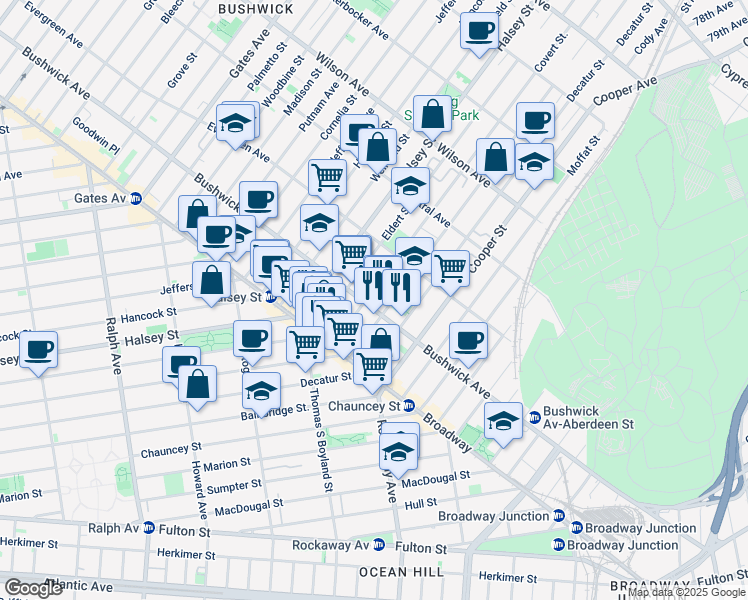 map of restaurants, bars, coffee shops, grocery stores, and more near 48 Covert Street in Brooklyn