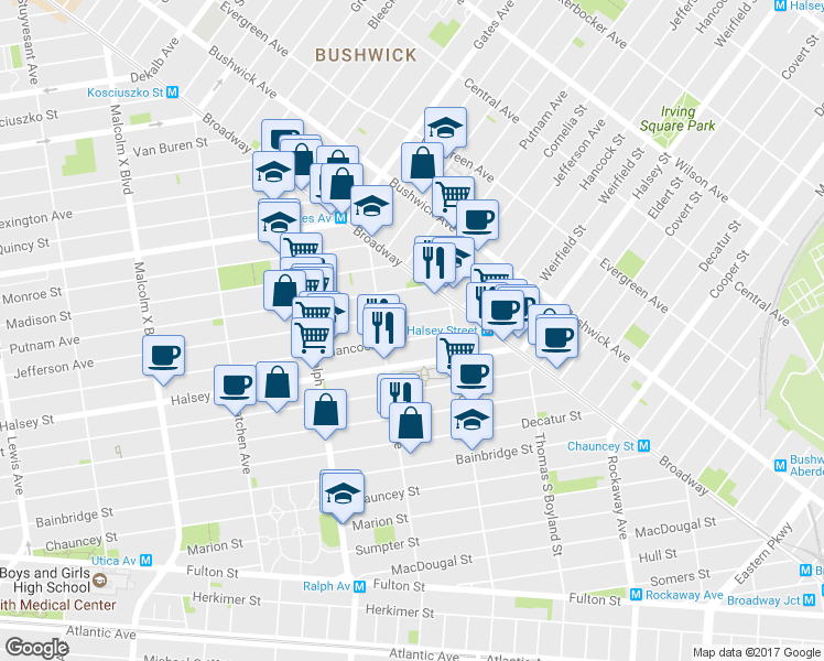 map of restaurants, bars, coffee shops, grocery stores, and more near 883 Hancock Street in Brooklyn