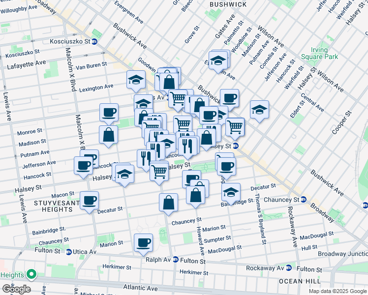 map of restaurants, bars, coffee shops, grocery stores, and more near 851 Hancock Street in Brooklyn