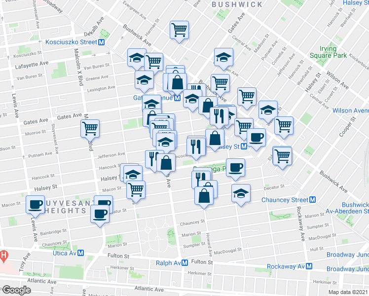 map of restaurants, bars, coffee shops, grocery stores, and more near 851 Hancock Street in Brooklyn