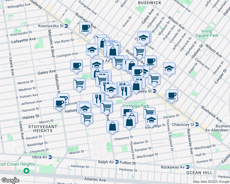 map of restaurants, bars, coffee shops, grocery stores, and more near 851 Hancock Street in Brooklyn