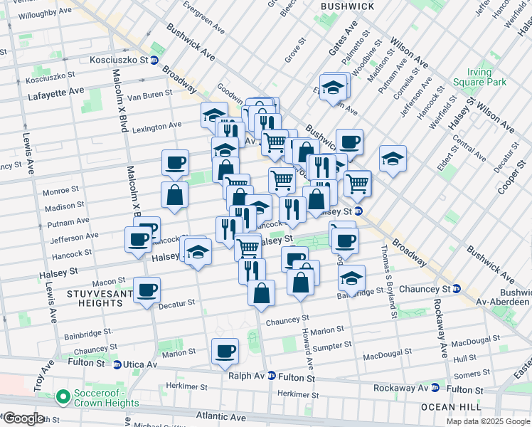 map of restaurants, bars, coffee shops, grocery stores, and more near 851 Hancock Street in Brooklyn