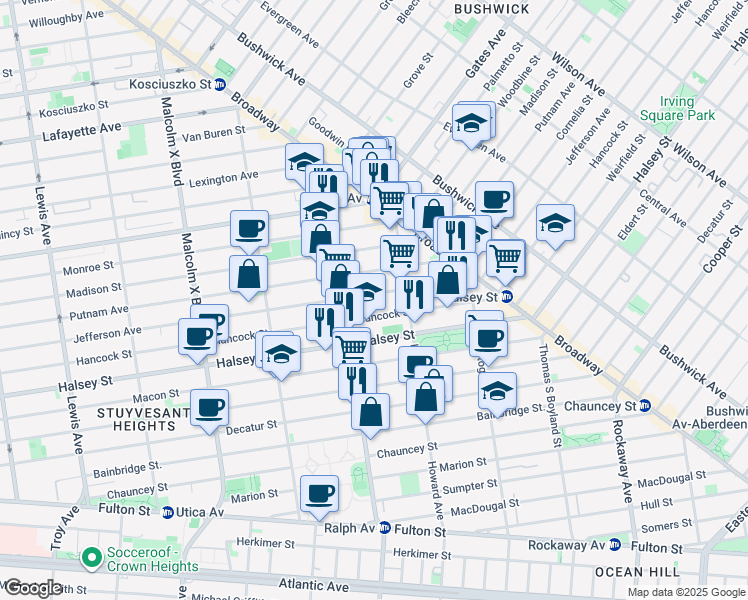 map of restaurants, bars, coffee shops, grocery stores, and more near 851 Hancock Street in Brooklyn