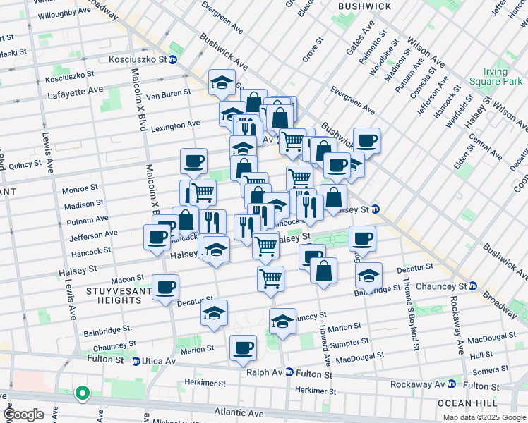 map of restaurants, bars, coffee shops, grocery stores, and more near 119 Ralph Avenue in Brooklyn