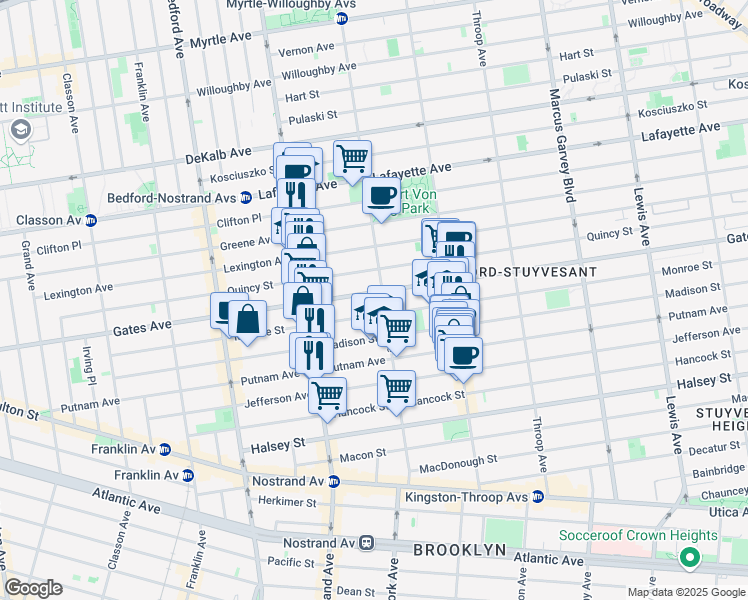 map of restaurants, bars, coffee shops, grocery stores, and more near 253 Monroe Street in Brooklyn