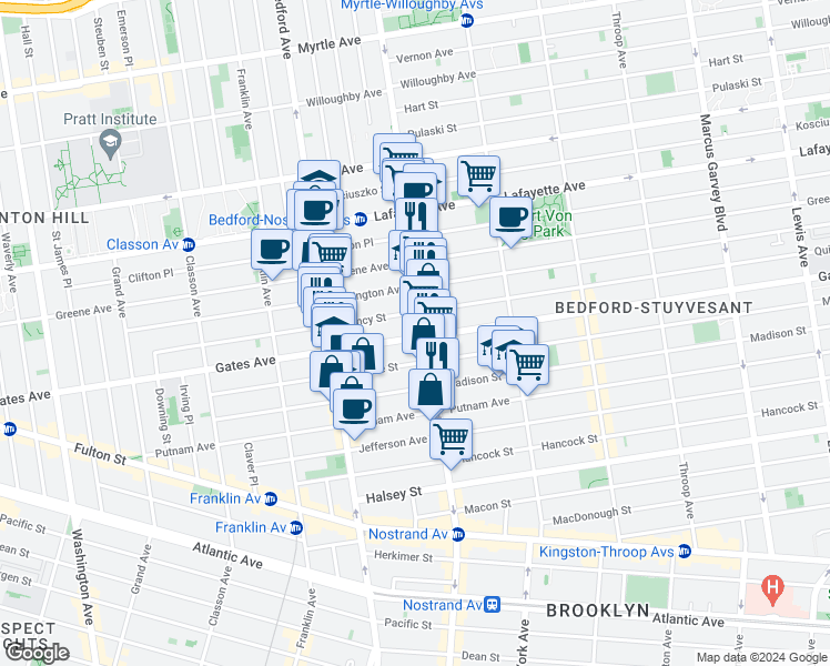 map of restaurants, bars, coffee shops, grocery stores, and more near 370 Gates Avenue in Brooklyn