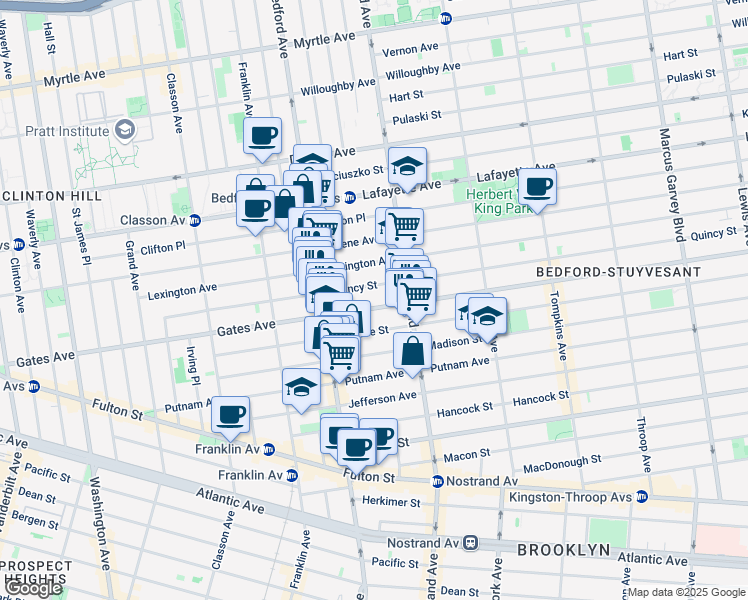 map of restaurants, bars, coffee shops, grocery stores, and more near 338A Gates Avenue in Brooklyn