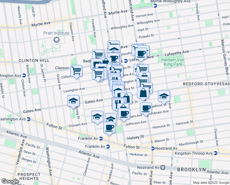 map of restaurants, bars, coffee shops, grocery stores, and more near 1126 Bedford Avenue in Brooklyn