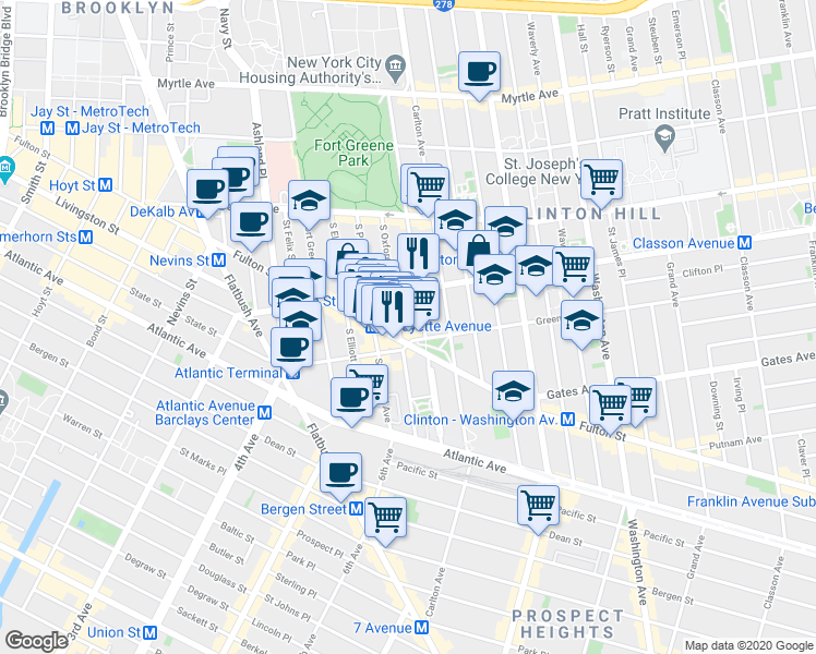 map of restaurants, bars, coffee shops, grocery stores, and more near 19 Greene Avenue in Brooklyn