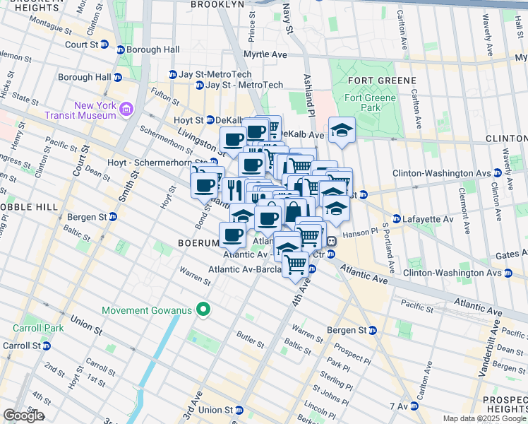 map of restaurants, bars, coffee shops, grocery stores, and more near 489 Atlantic Avenue in Brooklyn