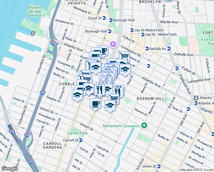 map of restaurants, bars, coffee shops, grocery stores, and more near 83 Wyckoff Street in Brooklyn