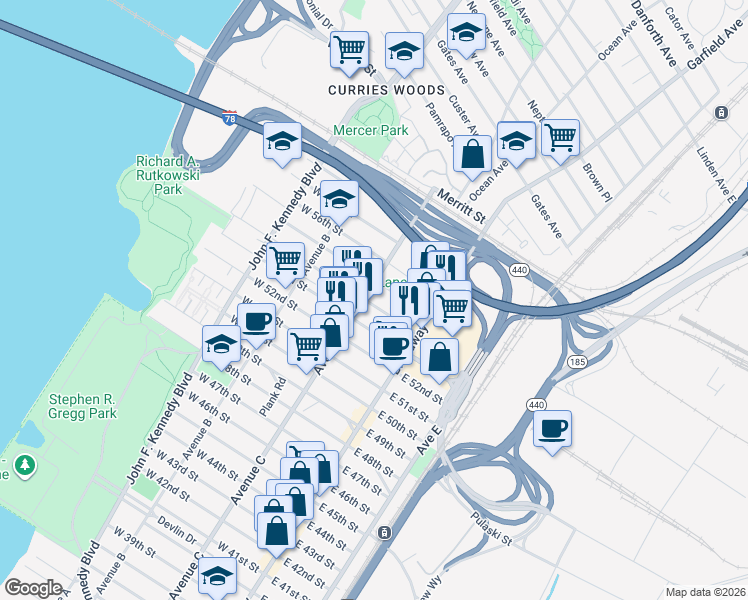 map of restaurants, bars, coffee shops, grocery stores, and more near 35 West 54th Street in Bayonne