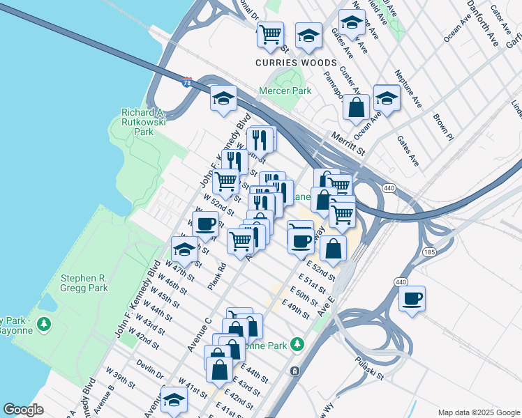 map of restaurants, bars, coffee shops, grocery stores, and more near 84 West 53rd Street in Bayonne