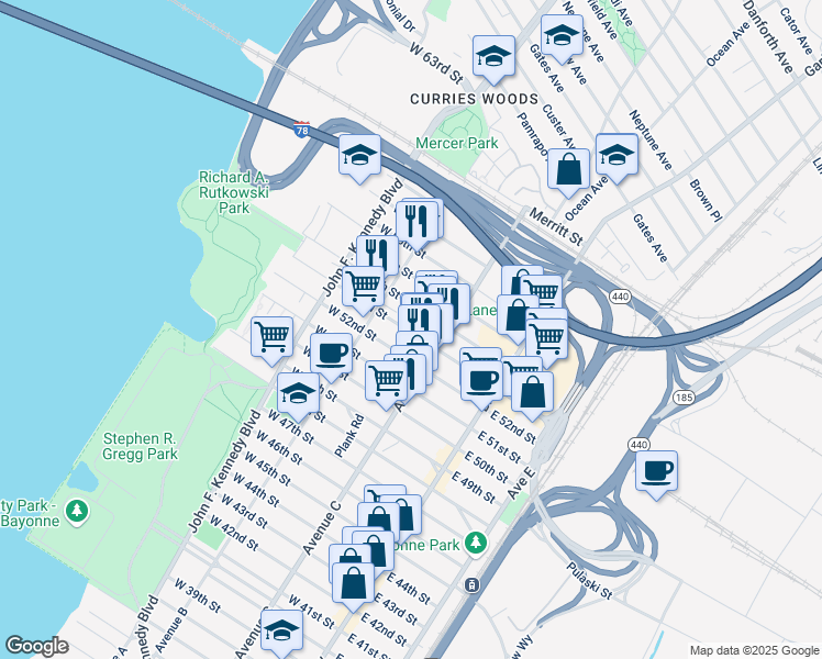 map of restaurants, bars, coffee shops, grocery stores, and more near 84 West 53rd Street in Bayonne