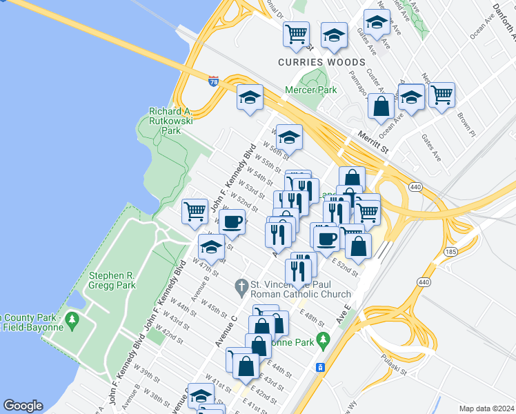 map of restaurants, bars, coffee shops, grocery stores, and more near 108 1/2 West 52nd Street in Bayonne