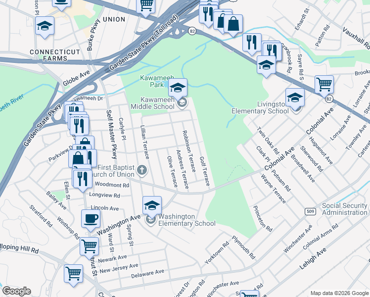 map of restaurants, bars, coffee shops, grocery stores, and more near 587 Andress Terrace in Union