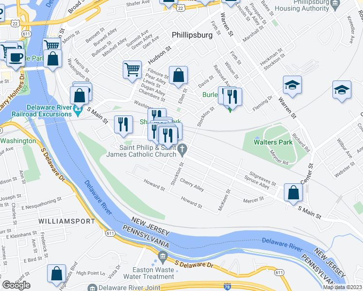 map of restaurants, bars, coffee shops, grocery stores, and more near 100 Sitgreaves Street in Phillipsburg