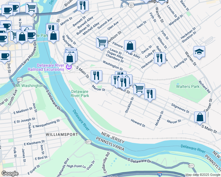 map of restaurants, bars, coffee shops, grocery stores, and more near 11 Cedar Alley in Phillipsburg