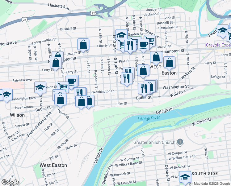 map of restaurants, bars, coffee shops, grocery stores, and more near 325 South 13th Street in Easton