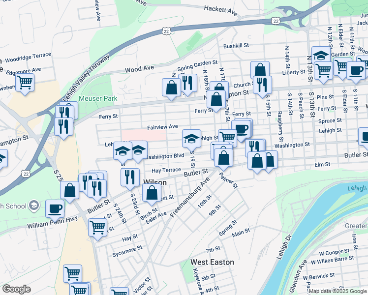 map of restaurants, bars, coffee shops, grocery stores, and more near 1931 Washington Boulevard in Easton