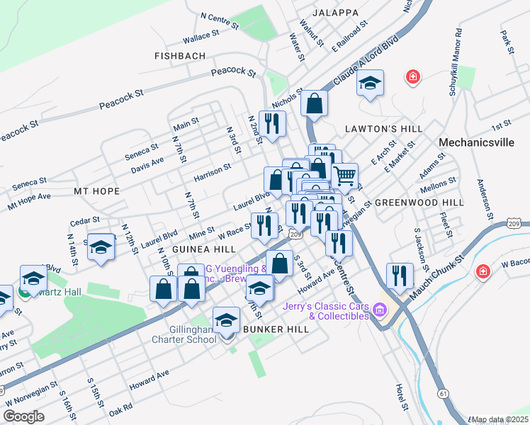 map of restaurants, bars, coffee shops, grocery stores, and more near 305 West Race Street in Pottsville