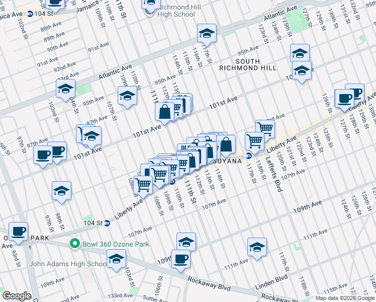 map of restaurants, bars, coffee shops, grocery stores, and more near 111-4 103rd Avenue in Queens