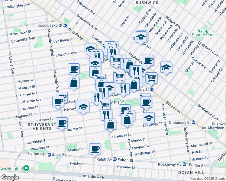 map of restaurants, bars, coffee shops, grocery stores, and more near 890 Jefferson Avenue in Brooklyn