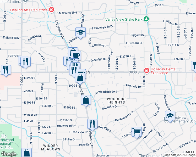 map of restaurants, bars, coffee shops, grocery stores, and more near 1812 East 3900 South in Holladay