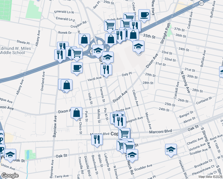 map of restaurants, bars, coffee shops, grocery stores, and more near 400 Colombo Avenue in Copiague