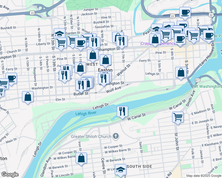 map of restaurants, bars, coffee shops, grocery stores, and more near 898 Wolf Avenue in Easton