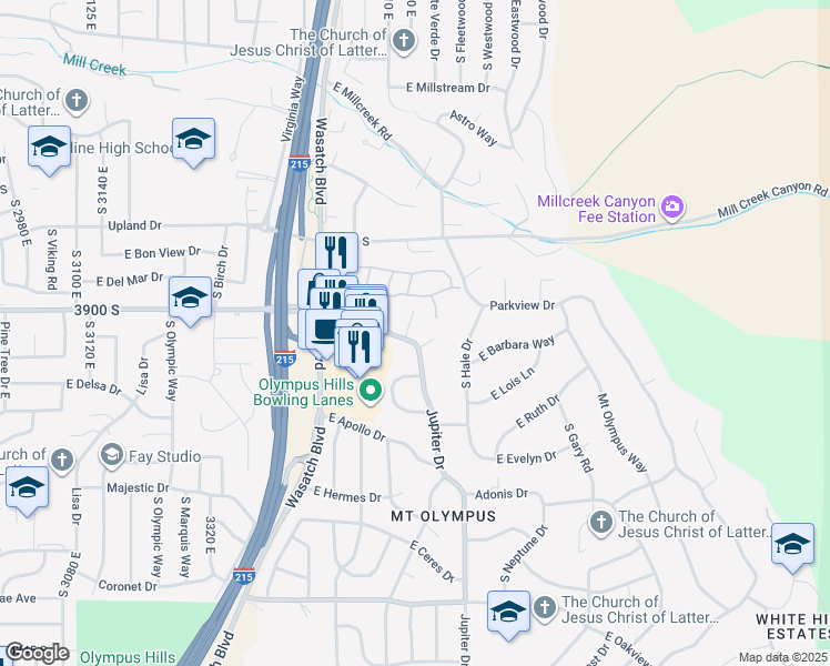 map of restaurants, bars, coffee shops, grocery stores, and more near 3649 Jupiter Drive in Salt Lake City