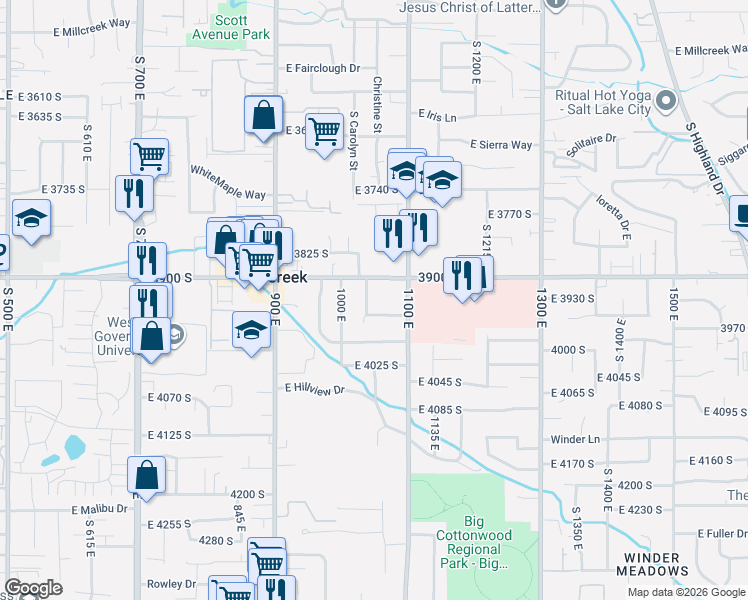 map of restaurants, bars, coffee shops, grocery stores, and more near 1055 3950 South in Millcreek