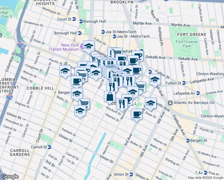 map of restaurants, bars, coffee shops, grocery stores, and more near 191 Dean Street in Brooklyn