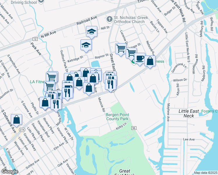 map of restaurants, bars, coffee shops, grocery stores, and more near 625 Montauk Highway in West Babylon