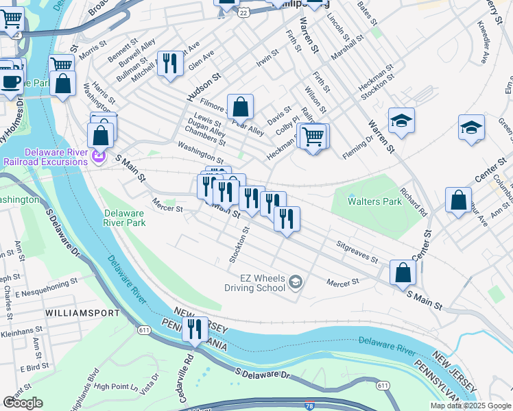 map of restaurants, bars, coffee shops, grocery stores, and more near 100 Sitgreaves Street in Phillipsburg