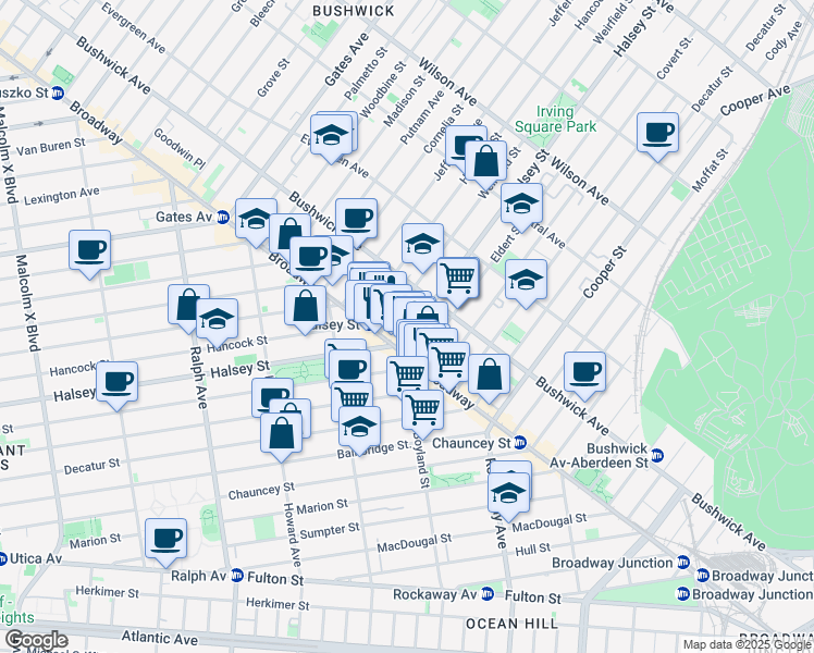 map of restaurants, bars, coffee shops, grocery stores, and more near 993 Halsey Street in Brooklyn