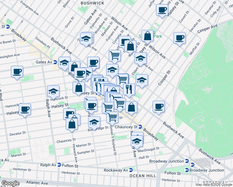 map of restaurants, bars, coffee shops, grocery stores, and more near 25 Eldert Street in Brooklyn