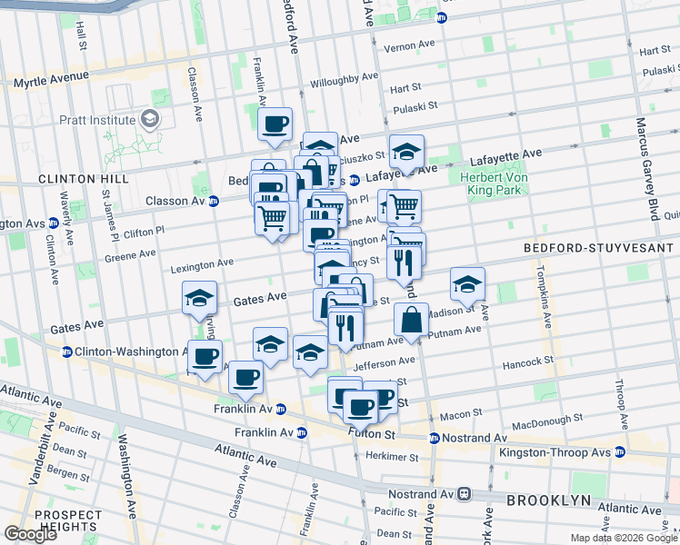 map of restaurants, bars, coffee shops, grocery stores, and more near 1126 Bedford Avenue in Brooklyn