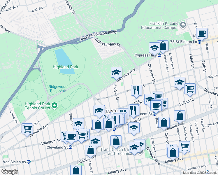 map of restaurants, bars, coffee shops, grocery stores, and more near 660 Jamaica Avenue in Brooklyn