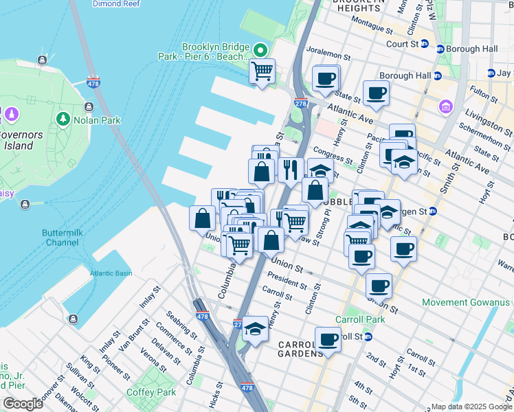 map of restaurants, bars, coffee shops, grocery stores, and more near 182 Columbia Street in Brooklyn