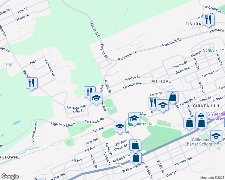 map of restaurants, bars, coffee shops, grocery stores, and more near 1524 Mount Hope Avenue in Pottsville