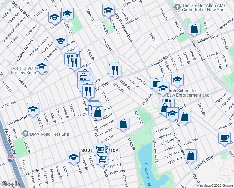 map of restaurants, bars, coffee shops, grocery stores, and more near 155-42 115th Avenue in Queens