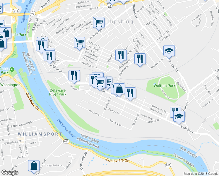 map of restaurants, bars, coffee shops, grocery stores, and more near 84 Sitgreaves Street in Phillipsburg