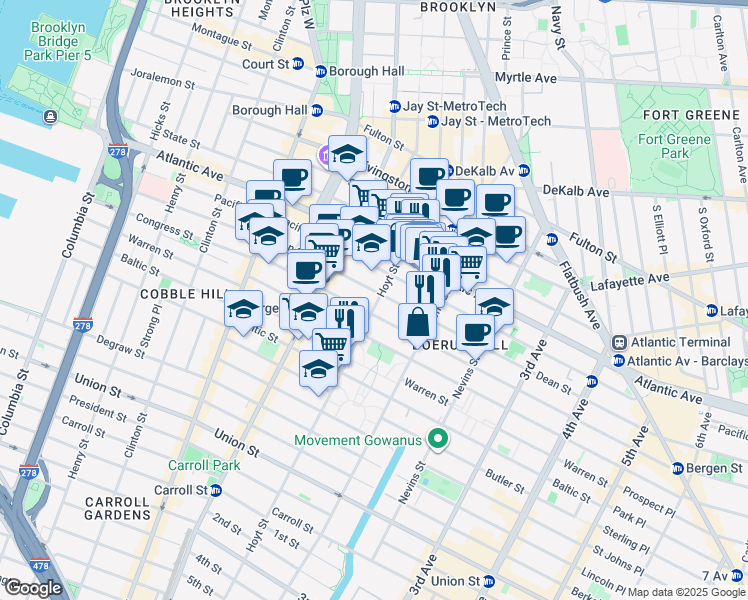 map of restaurants, bars, coffee shops, grocery stores, and more near 132 Hoyt Street in Brooklyn
