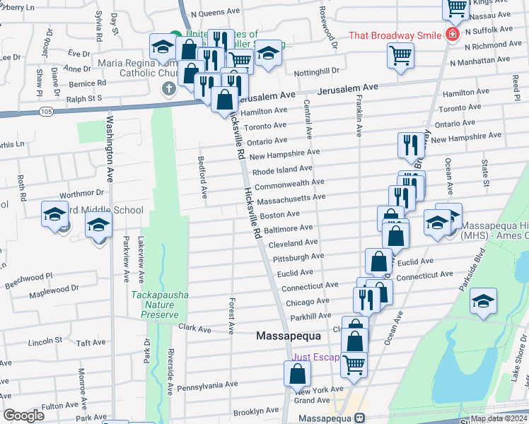 map of restaurants, bars, coffee shops, grocery stores, and more near 73 Boston Avenue in Massapequa