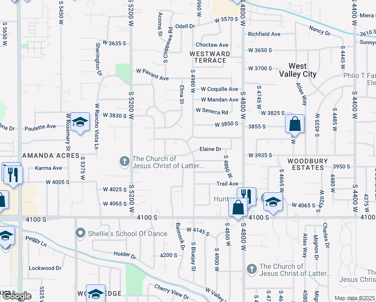 map of restaurants, bars, coffee shops, grocery stores, and more near 5021 Elaine Drive in West Valley City