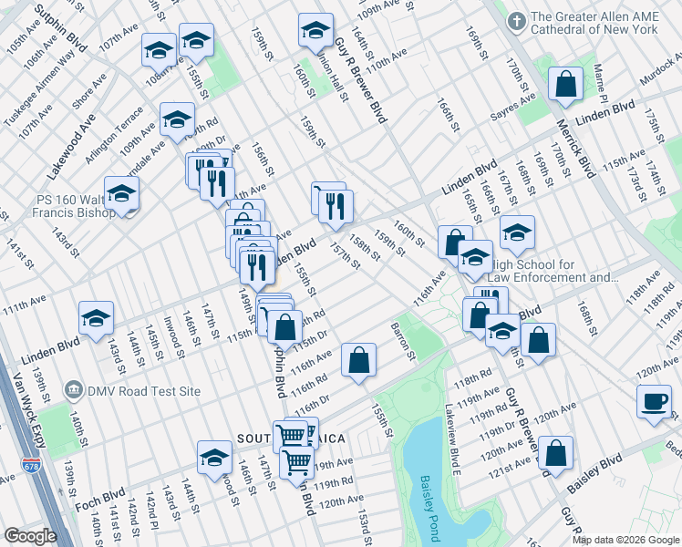 map of restaurants, bars, coffee shops, grocery stores, and more near 155-42 115th Avenue in Queens