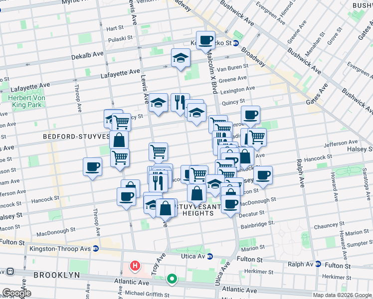 map of restaurants, bars, coffee shops, grocery stores, and more near 254 Stuyvesant Avenue in Brooklyn