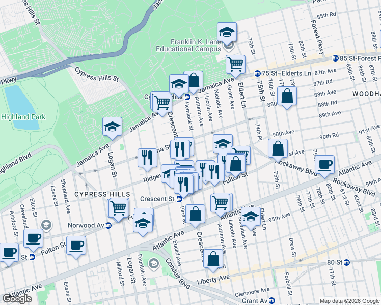 map of restaurants, bars, coffee shops, grocery stores, and more near in Brooklyn