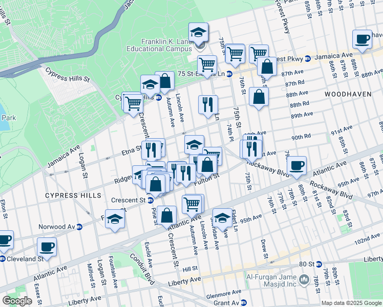 map of restaurants, bars, coffee shops, grocery stores, and more near 191 Nichols Avenue in Brooklyn